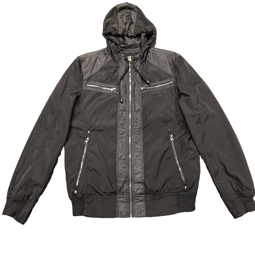 Buffalo David Bitton Jacket Mens Medium Black Hooded Full Zip Windbreaker Casual